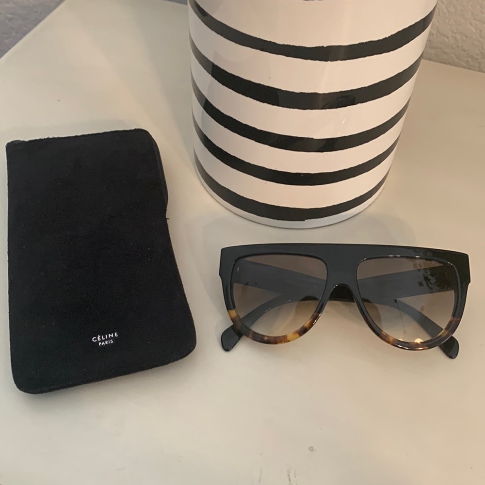 Authentic Celine Shadow Oversized Flat Top Aviator Sunglasses Black Havana Brown